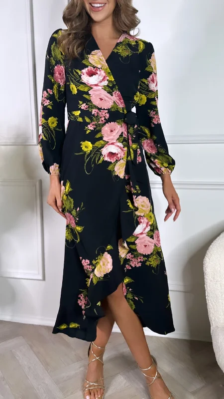 Minimal Style Antonio Black Floral Long Sleeve Wrap Midi Dress