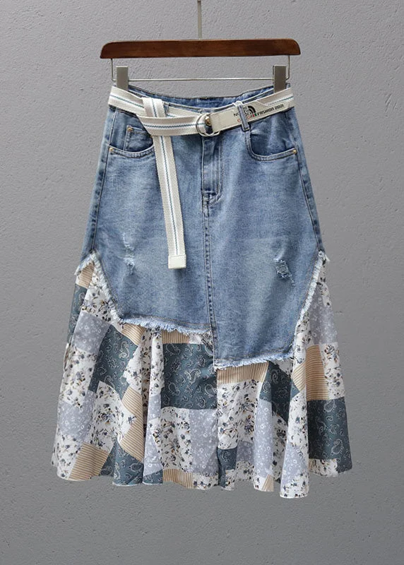 Elegant And Lazy Fashion Denim Blue Print Patchwork High Waist Maxi Skirt Summer
