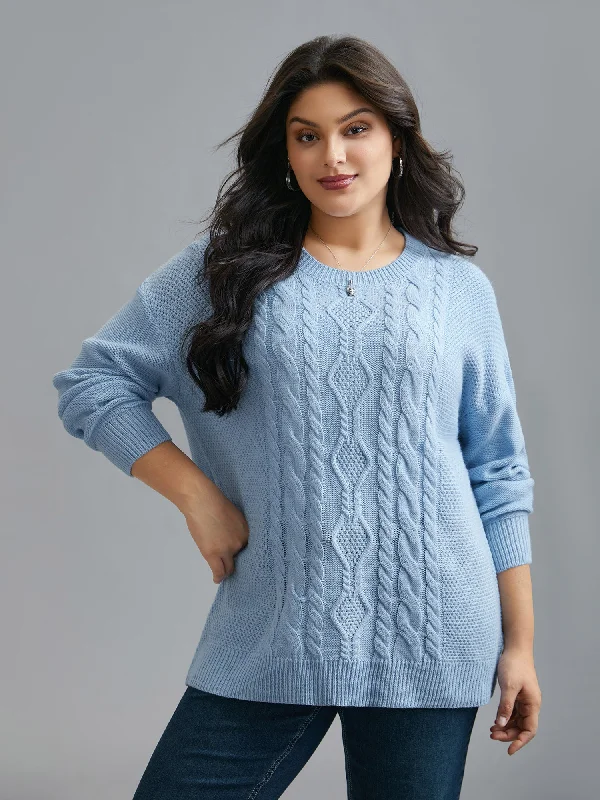 Stand-up collar design Solid Round Neck Plisse Cable Knit Pullover