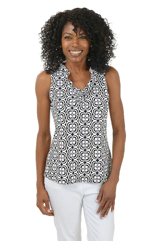 Literary Style Black Optical Daisy UPF50+ Ruffle Sleeveless Top