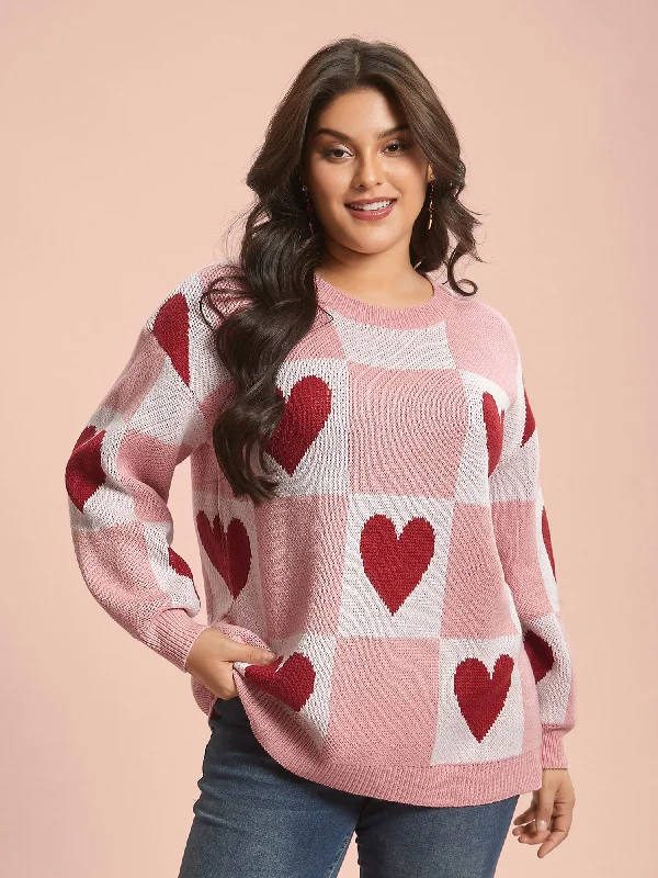 Cool Style Checkered Hearts Jacquard Color-Contrast Pullover
