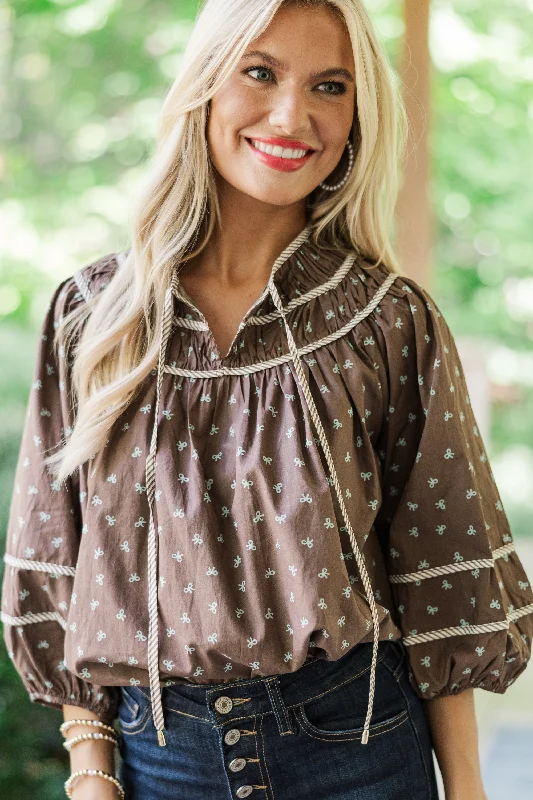 Sports Casual Style Can't Lose You Brown Bow Print Blouse