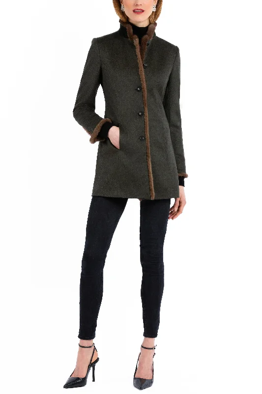 Sports And Leisure Long blazer in dark-green combed cashmere with chestnut mink trim