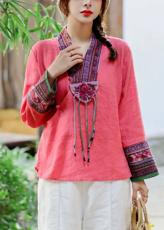 Fashionable and casual Ethnic style Red V Neck Embroideried Patchwork Linen Shirt Tops Spring Fashionable and casual Ethnic style Red V Neck Embroideried Patchwork Linen Shirt Tops Spring