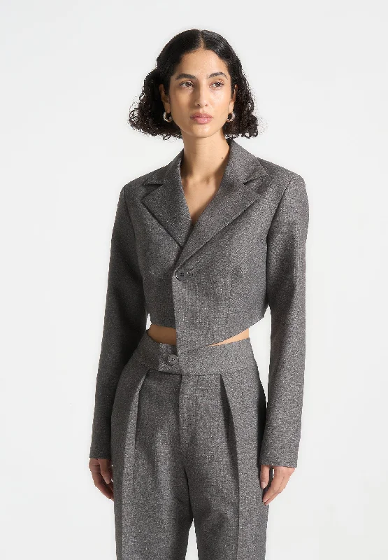 Short skirt design Asymmetric Tailored Cropped Blazer - Grey Marl