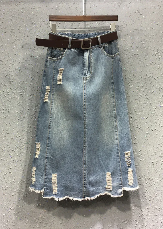 Celebrity Style Casual Blue Patchwork Elastic Waist Sashes Denim A Line Skirts
