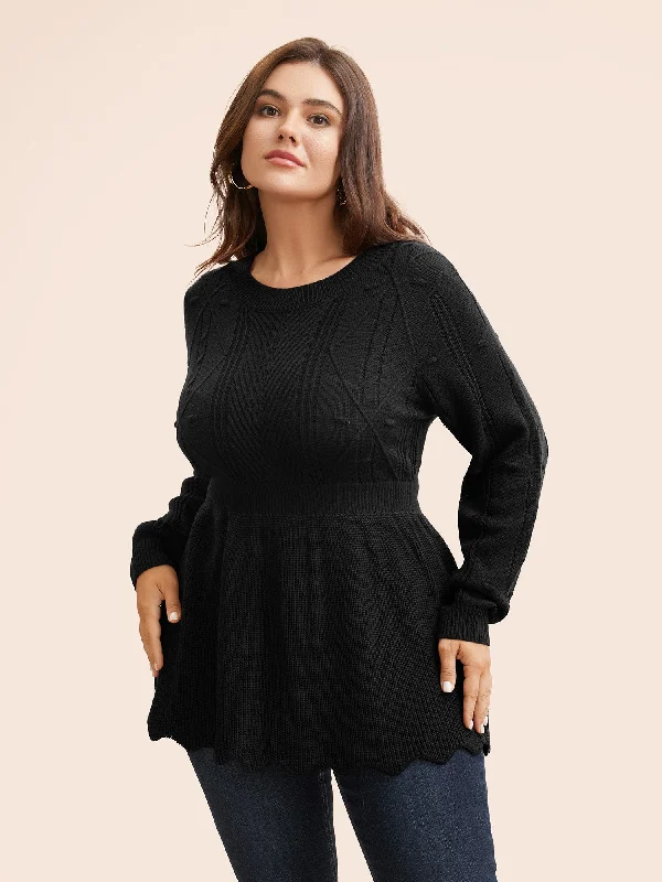 Knitted Design Plain Textured Scalloped Trim Pullover