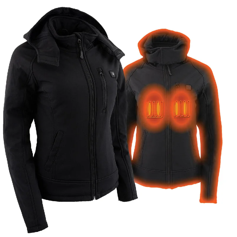 Simple research Nexgen Heat NXL2767SET Women's Black Ruffled Heated Soft Shell Jacket with Detachable Hood for Hiking w/ Battery