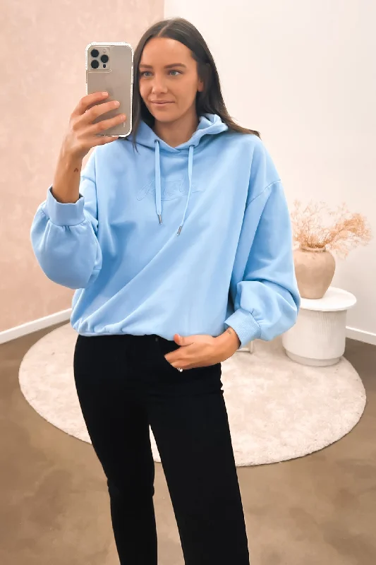 Sports Functional Style Rusty Script Oversize Hooded Fleece Blue Bell