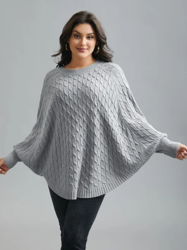 Classic Retro Cable Knit Dolman Sleeve Curved Hem Pullover