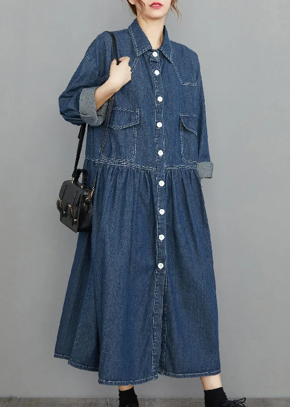 Round neck design Chic Navy Peter Pan Collar Button Pockets wrinkled Denim Dress Spring