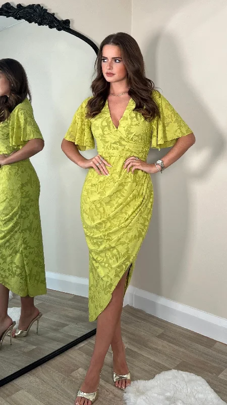 Knitted Design Cyprian Lime Green Angel Sleeve Wrap Midi Dress