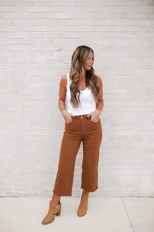 Creative Style Briar High Rise Control Top Wide Leg Crop Jeans in Camel