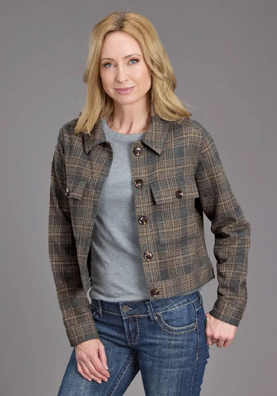 Extra long version Stetson Womens Plaid Blanket Collared Grey/Khaki Poly/Wool Jacket