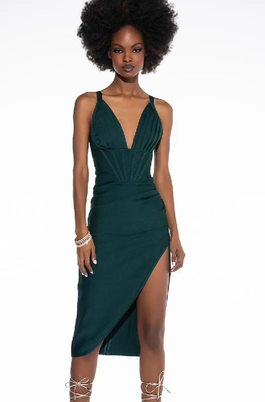 Personalized print SEE YOU SOON BANDAGE MIDI DRESS WITH HIGH SLIT EMERALD