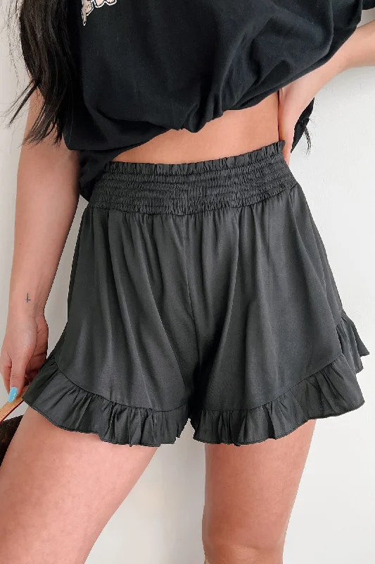 Slim Fit Silk & Spice Ruffle Hem High Rise Shorts (Black)