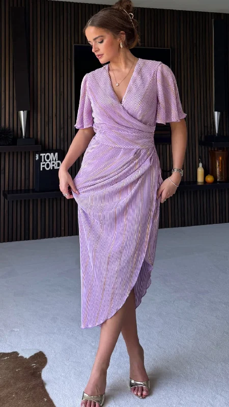 Street Casual Style Natalie Lilac Metallic Angel Sleeve Wrap Midi Dress