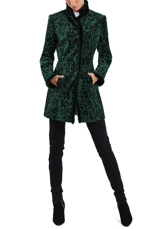 Printing decoration Long blazer from emerald green velours-jacquard