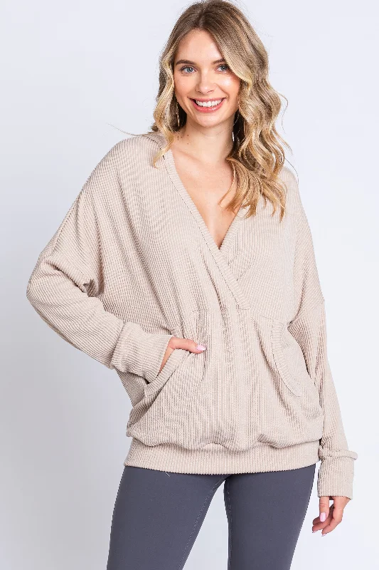 Stand-up collar design Cream Ribbed Hooded Wrap Long Sleeve Top