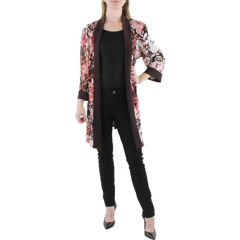 Stand-up collar design R&M Richards Womens Plus Floral Print Midi Open-Front Blazer