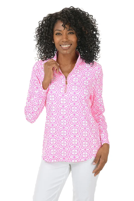Sports litigation style Pink Optical Daisy Mock Neck UPF50+ Top