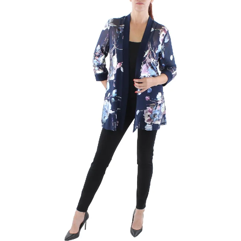 Street Personality Style R&M Richards Womens Petites Mesh Foiled Open-Front Blazer