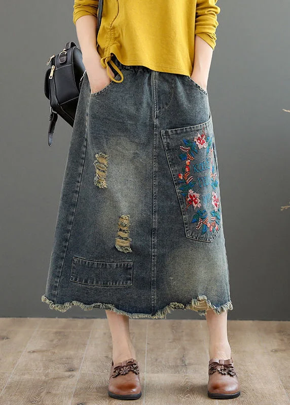 High-quality fabrics Vintage Grey Asymmetrical Embroideried Patchwork High Waist Denim Maxi Skirts Summer