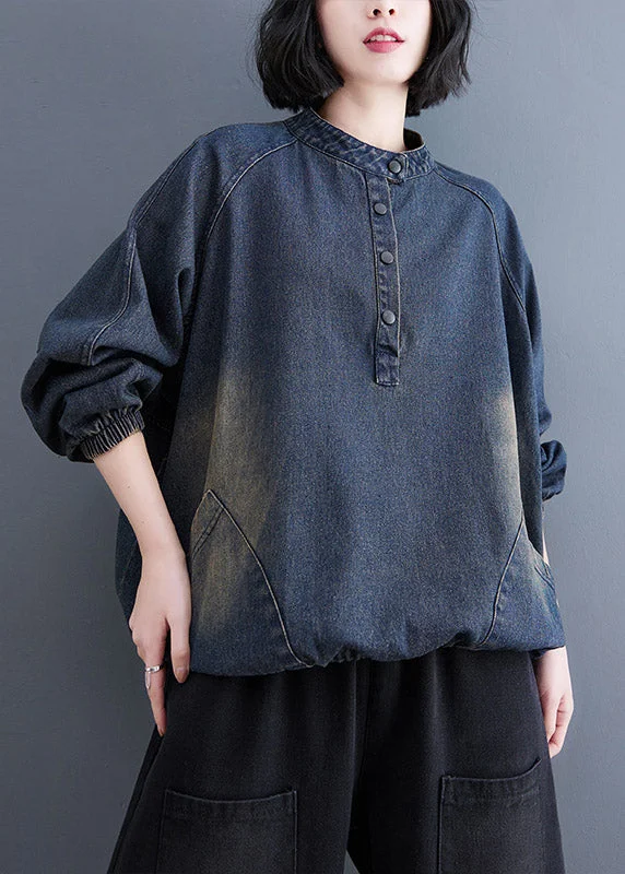 Warm and substantial Fashion Blue Stand Collar Pockets drawstring Denim Tops Spring