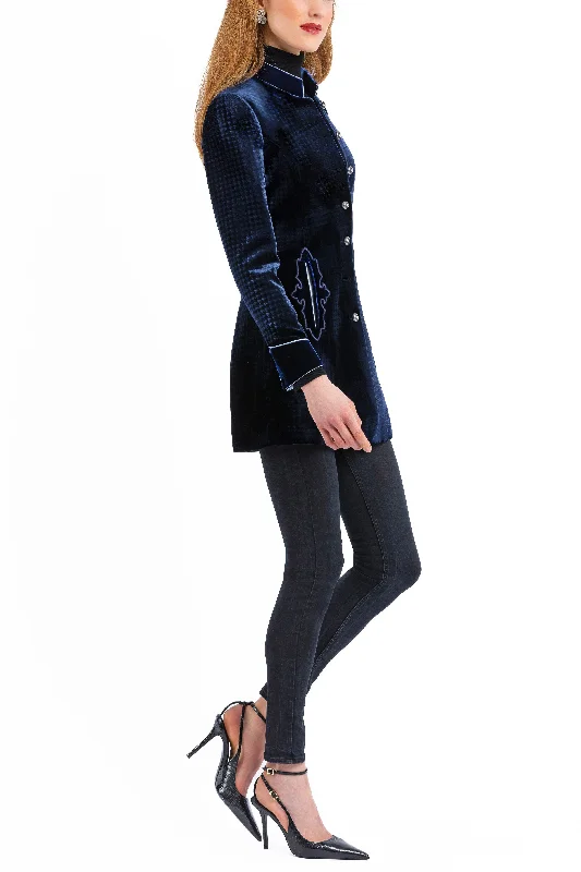 Fashionable sports Long Blazer from dark blue embossed velvet.