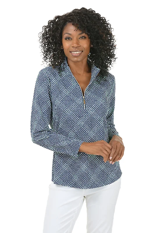 Printed pattern Navy Gingham Mock Neck UPF50+ Top