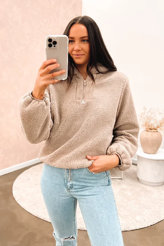 Sports Yoga Style Quarter Zip Sherpa Hood Simply Taupe