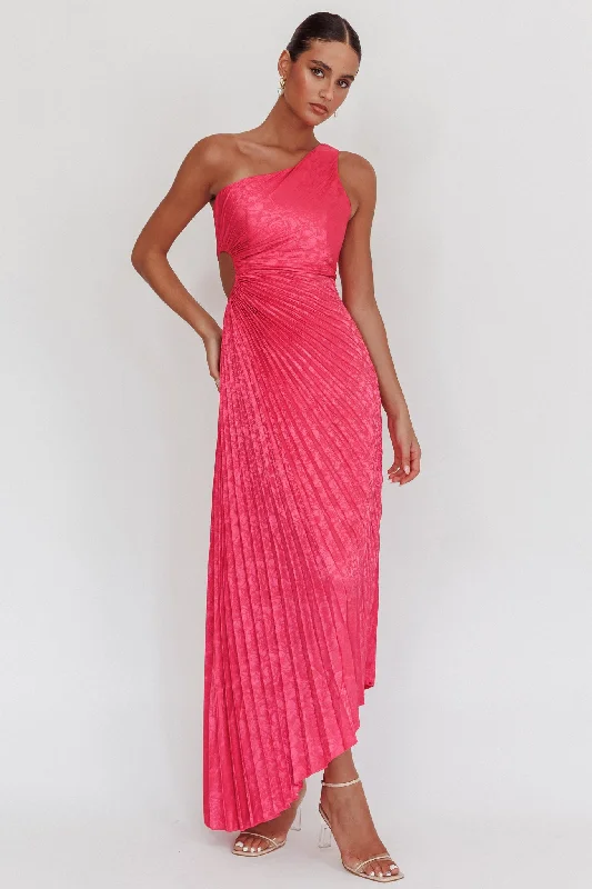 Elegant And Lazy Amelie One-Shoulder Accordion Pleat Maxi Dress Floral Fuchsia
