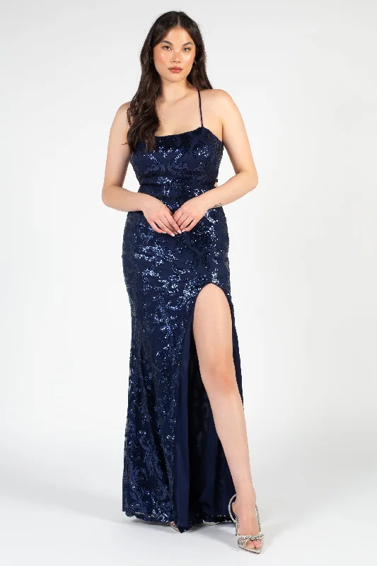 Simple research Ariel Strappy High Slit Sequin Gown