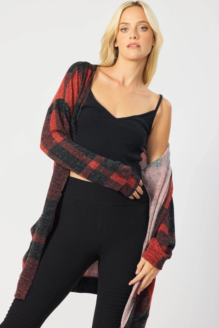 Single-shoulder Neck Design RED PLAID OPEN FRONT LONG CARDIGAN FSLSJ1001
