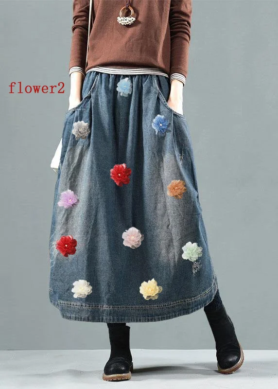 Extra long version Blue-Colorful flowers Pockets Retro Patchwork Summer Skirts Denim