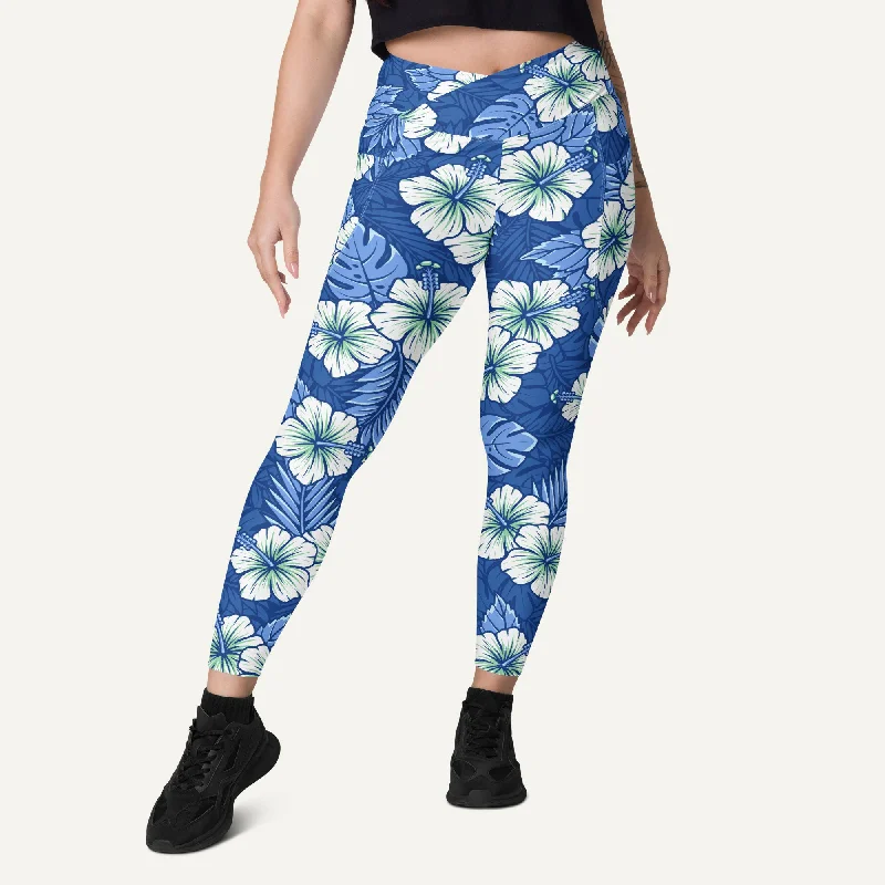 Windbreaker fashion Hawaiian Aloha Blue Crossover Leggings With Pockets