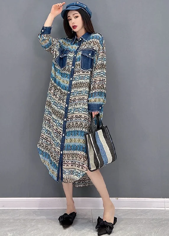 Luxury and fashionable Beautiful Blue Peter Pan Collar Denim Patchwork Chiffon Shirt Dress Long Sleeve