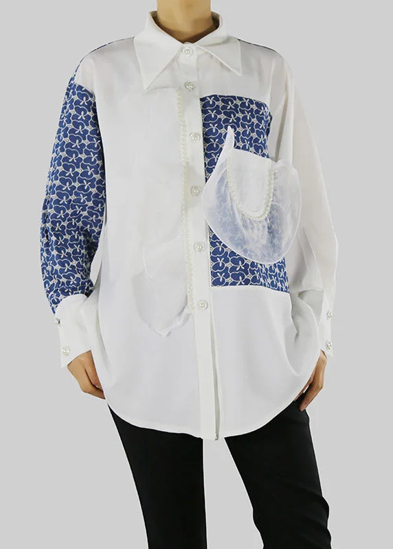 Trendy and versatile Elegant White Peter Pan Collar print Shirt Top Spring