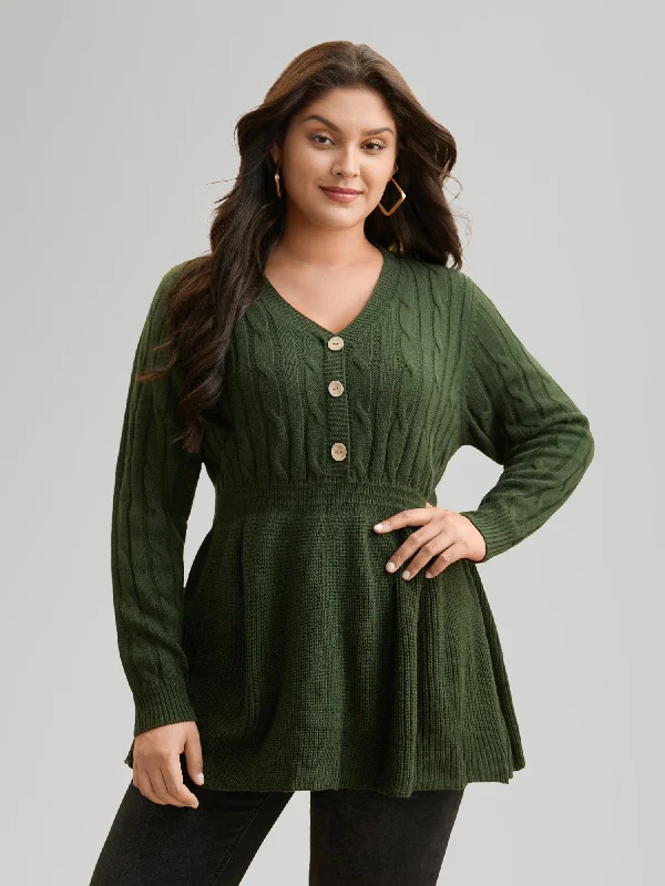 Moisture wicking Texture Cable Knit Button Detail Pullover