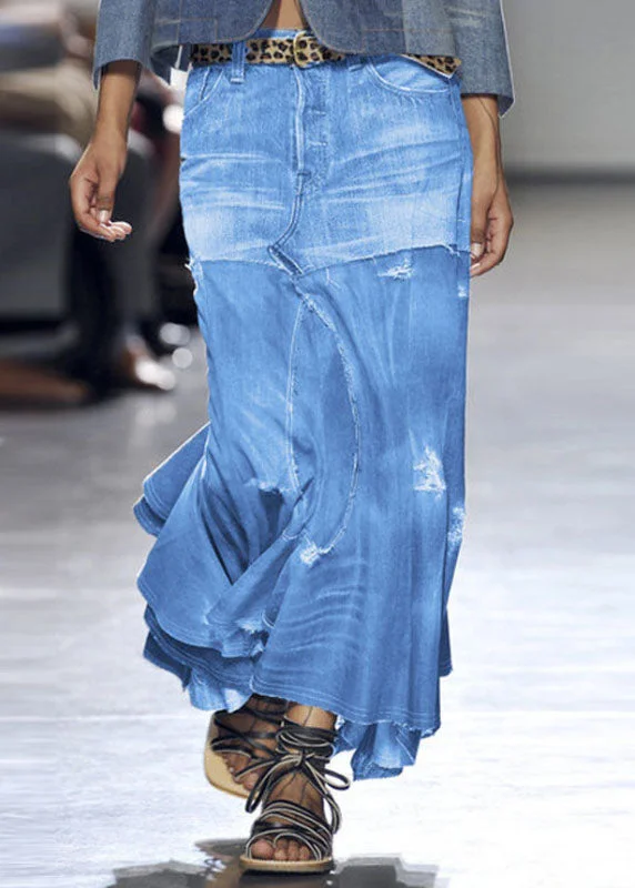Sports suit style Style Blue Asymmetrical Wrinkled Pockets Patchwork Denim Skirt Summer