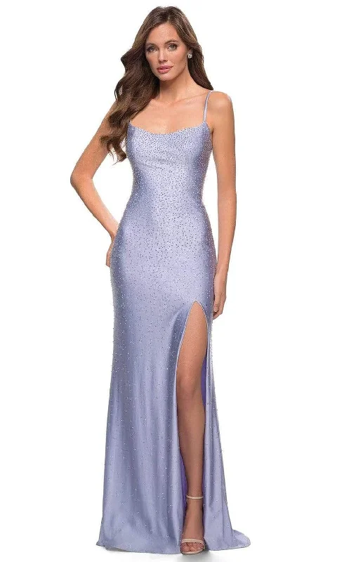 Sports Functional Style La Femme - 29899 Rhinestone Studded High Slit Dress