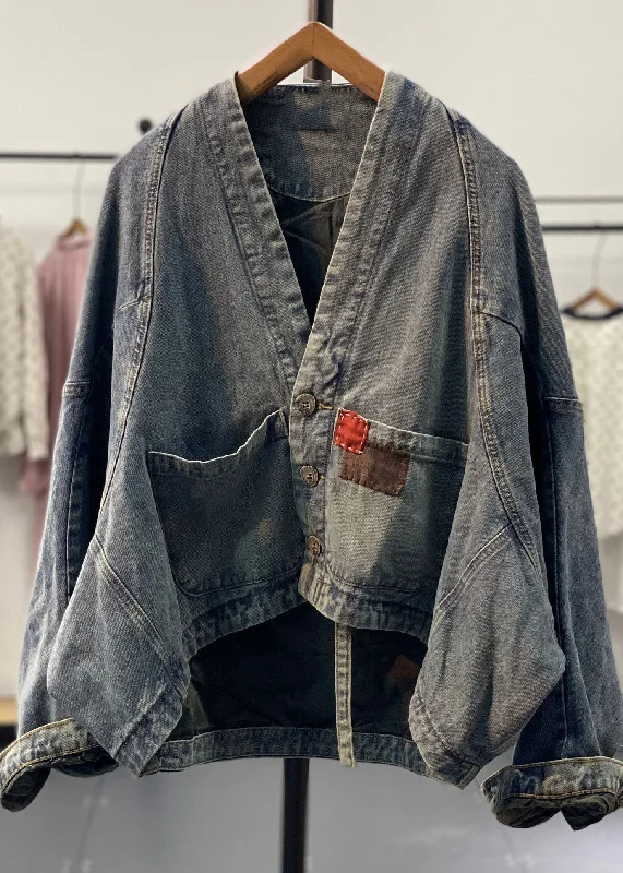 Sports outdoor style Original Retro Blue Asymmetrical Patch Bat Sleeve Denim Coats