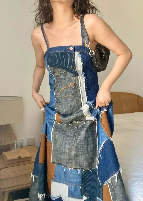 Sports Fitness Style Unique Blue Asymmetrical Patchwork Denim Spaghetti Strap Dress Summer