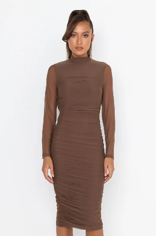 Boutique style KEEP IT LOW KEY LONG SLEEVE MIDI RUCHED DRESS BROWN