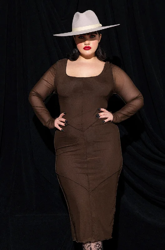 Sports Fitness Style PLUS SWEET AND SAVAGE INVERTED INSEAMS MESH MIDI DRESS BROWN
