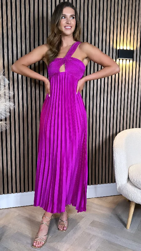 High-quality fabrics Danni Magenta One Shoulder Knot Detail Cut Out Pleated Midi Dress