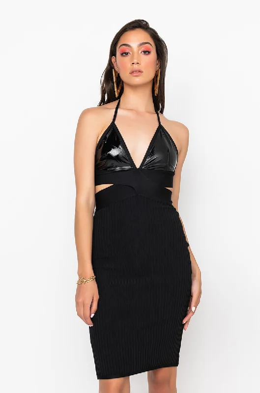 Stand-up collar design WISH LIST BANDAGE DRESS WITH VINYL BRA TOP