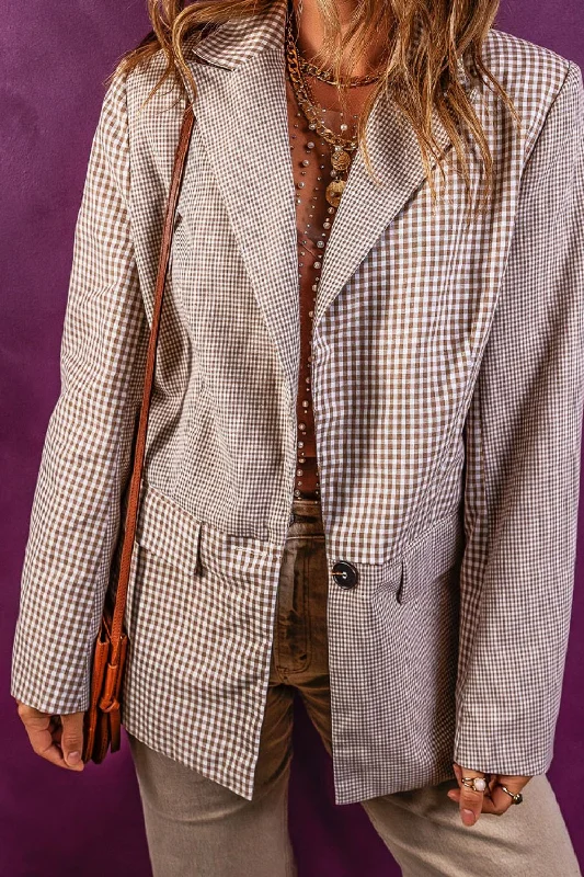 Stand-up collar design Plaid Lapel Collar Pocketed Long Sleeve Blazer