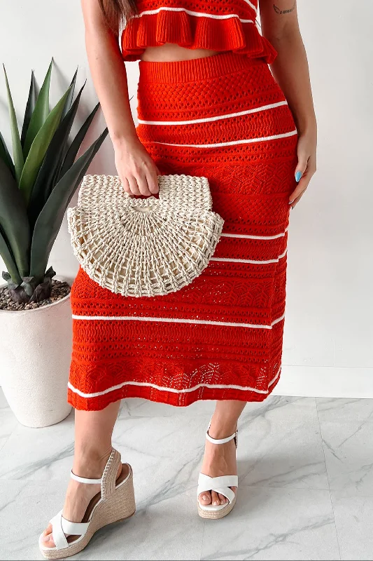 Street Sports Style Playful & Pretty Open Knit Sweater Midi Skirt (Red Orange)