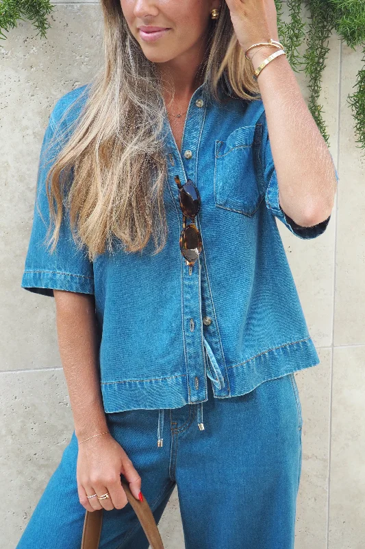 Retro Lace Fabric Harper Denim SS Shirt - Vintage Blue